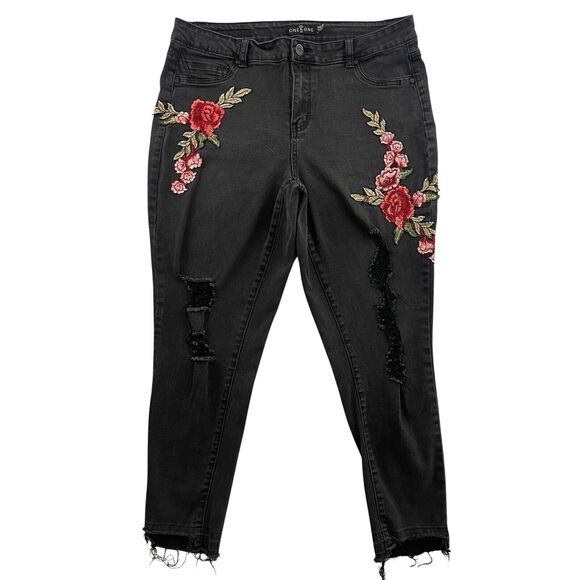 One 5 One Jeans Womens Size 18 Black Floral Embroidery Distressed Tapered Frayed - Picture 1 of 16